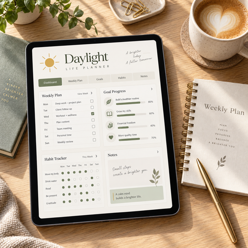 Daylight Life Planner weekly planning and habit tracking dashboard on a tablet
