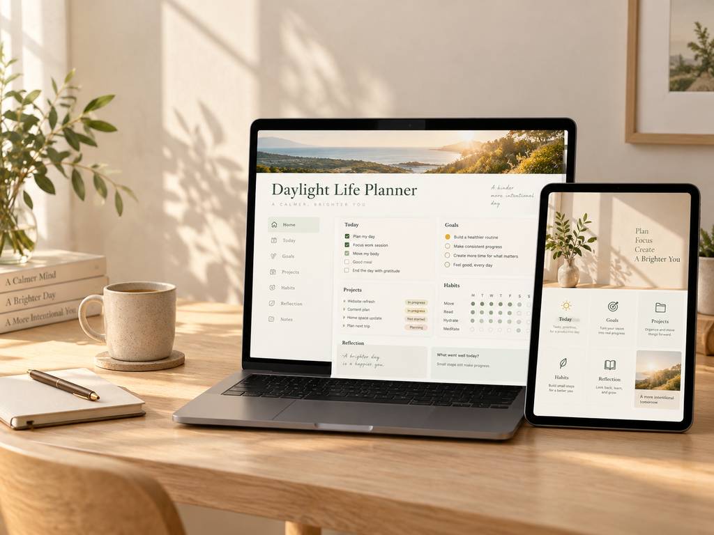 Daylight Life Planner digital dashboard on laptop and tablet in a sunlit workspace
