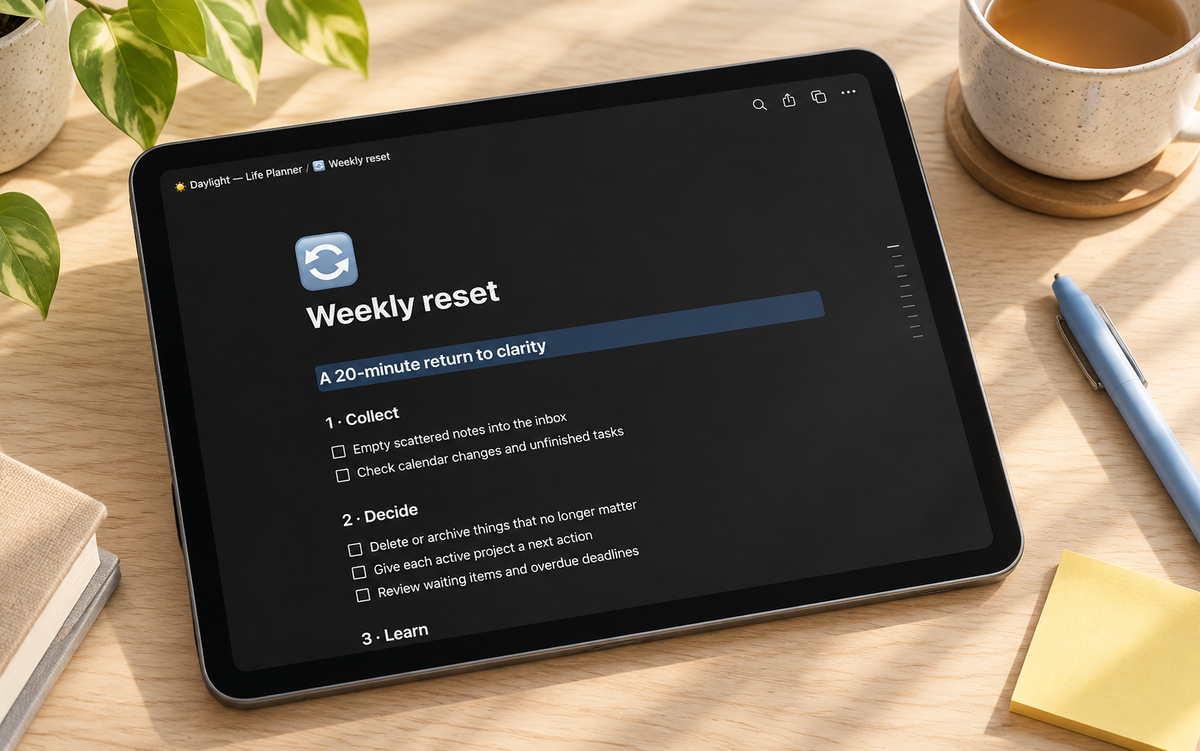 Weekly Reset view from the Daylight Life Planner
