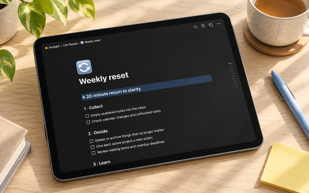 Daylight Life Planner Weekly Reset on a laptop and notebook